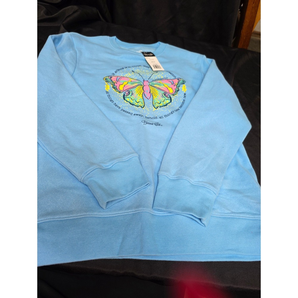 Blessed Girl Kids Butterfly 2 Corinthians 5:17 Blue Sweatshirt XL BGP5145XL